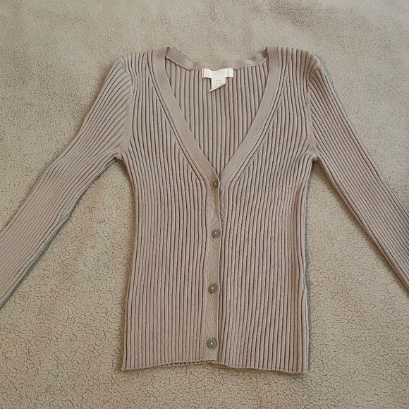 H&M Ribbed V Neck Cardigan Taupe - Picture 2 of 8
